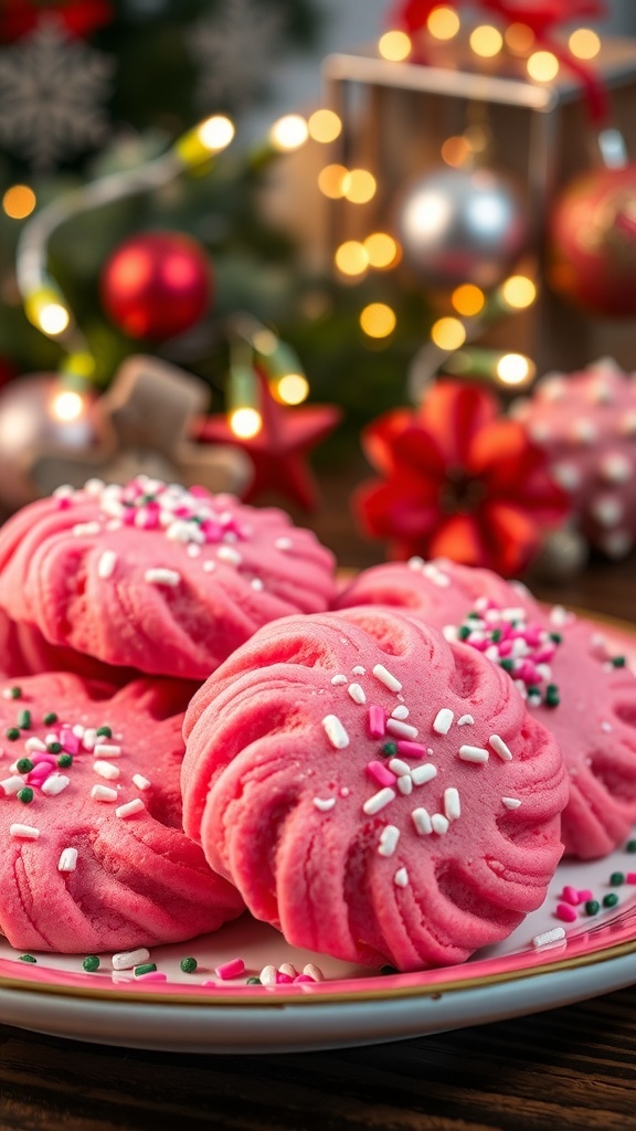 A festive plate of pink Christmas cookies with sprinkles, surrounded by holiday decorations.